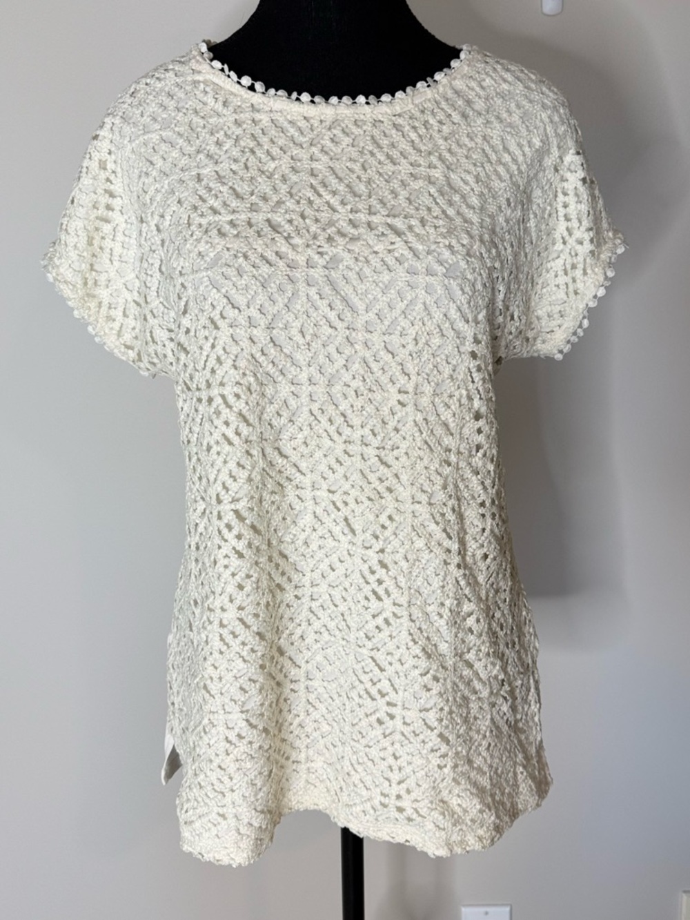 CABLE & GAUGE Cream Crochet Knit Short Sleeve Top Tee Boho Size Large - Picture 7 of 12